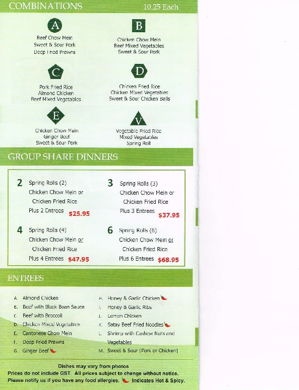 Menu at Mei Wei Chinese Cuisine restaurant, West Kelowna