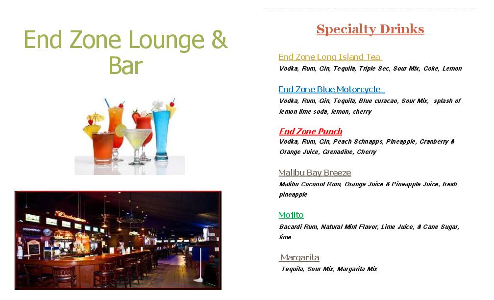 Carta de End Zone Lounge & Bar