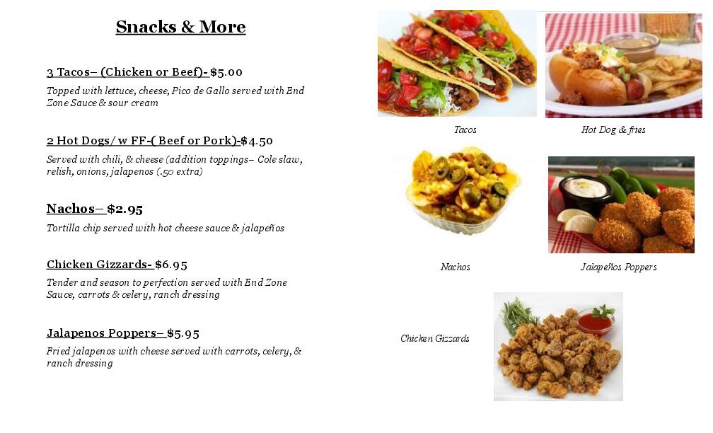 Carta de End Zone Lounge & Bar