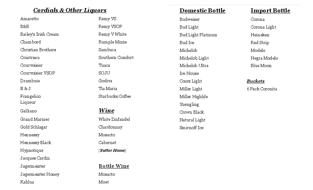 Carta de End Zone Lounge & Bar