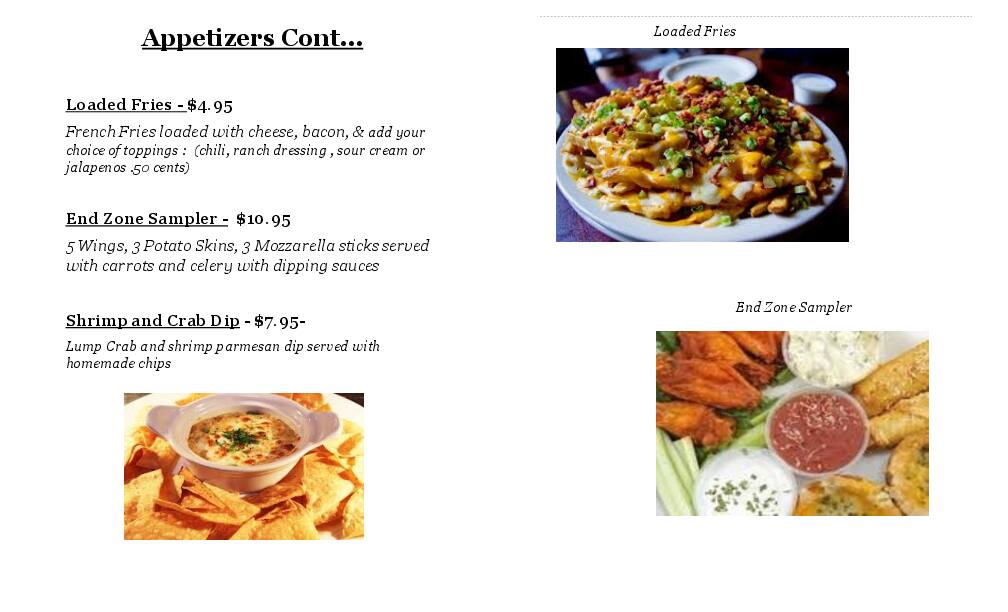 Carta de End Zone Lounge & Bar