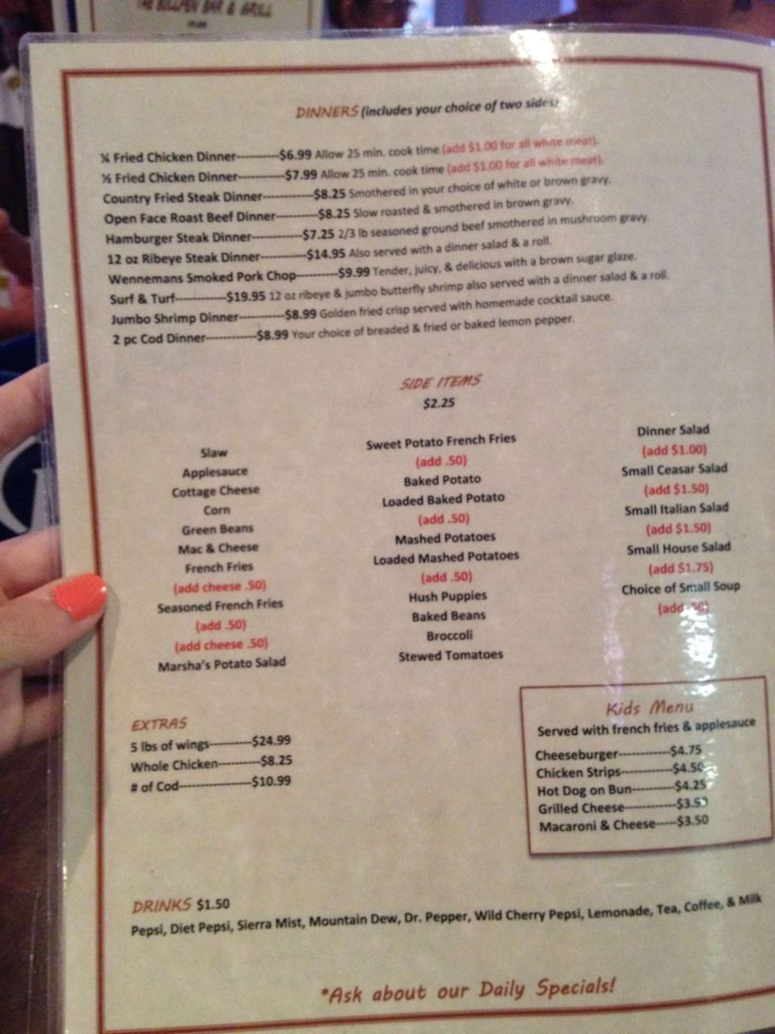 Menu at Bullpen pub & bar, New Athens