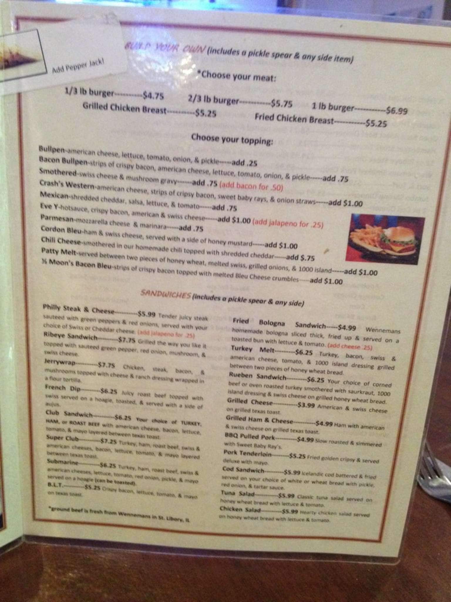 Menu at Bullpen pub & bar, New Athens