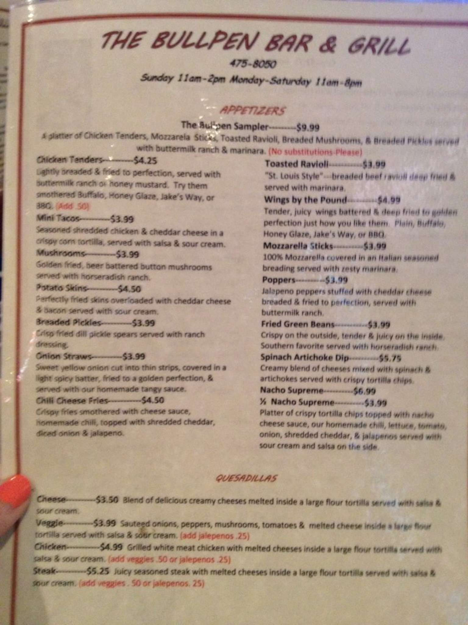 Menu at Bullpen pub & bar, New Athens