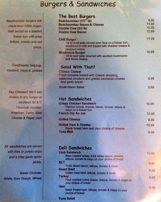 Carta de Beach Comber Sports Bar & Grill