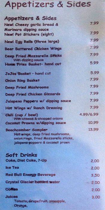Carta de Beach Comber Sports Bar & Grill