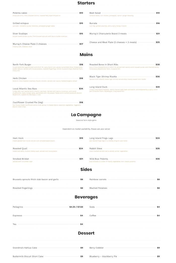 Menu at North Fork pub & bar, New York City