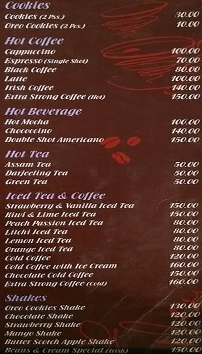 Beans and Cream Cafe menu