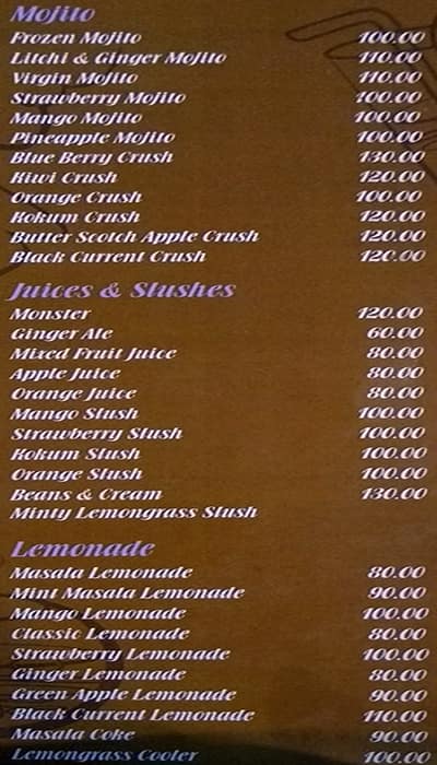 Beans and Cream Cafe menu
