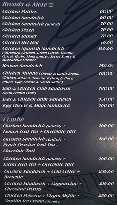 Beans and Cream Cafe menu