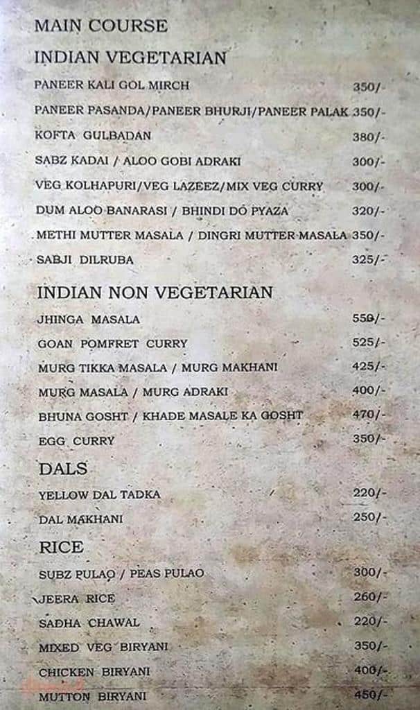 Menu at Cinnamon Hotel Suba International, Mumbai