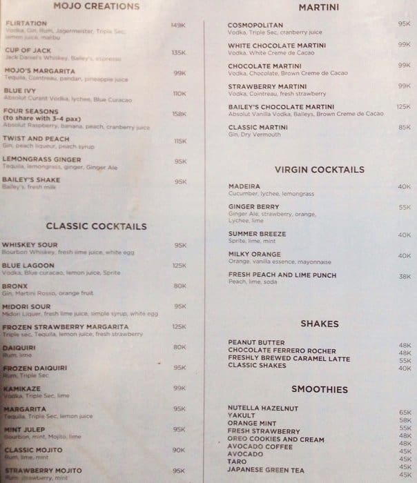 Mojo Kitchen &amp; Bar Menu, Menu untuk Mojo Kitchen &amp; Bar, Senopati ...