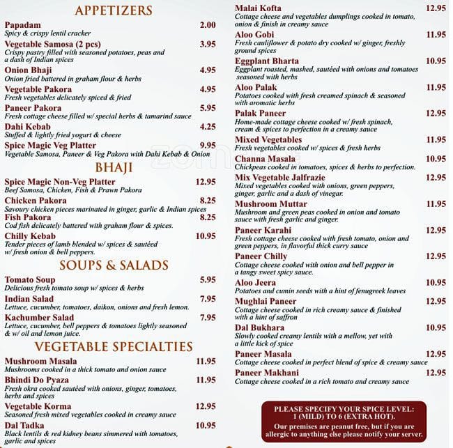 Spice Magic Menu, Menu for Spice Magic, Penticton, Penticton