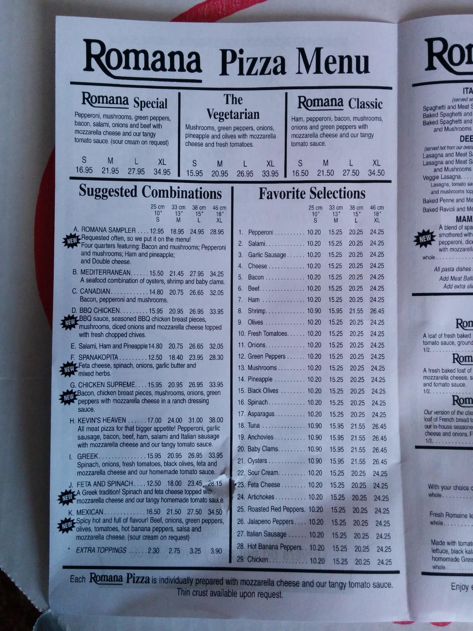 Menu at Romana Pizza pizzeria, Brandon