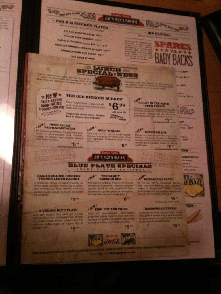 Menu at Jim 'N Nick's BarBQ, Nashville, Charlotte Pike