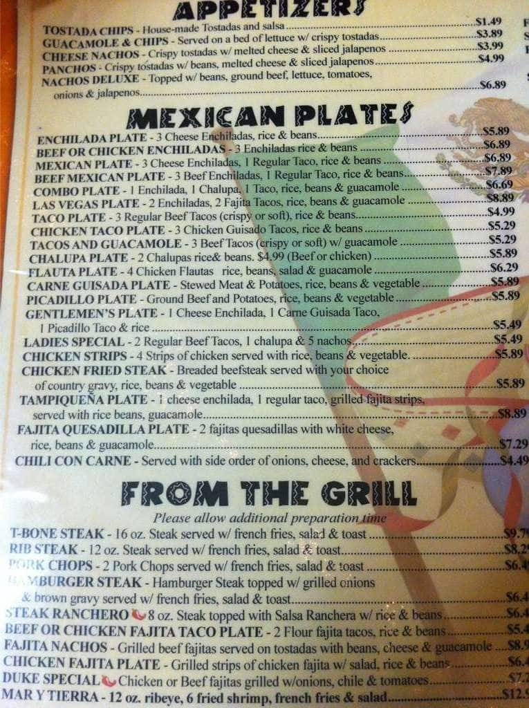 Menu at Las Vegas Cafe, Harlingen