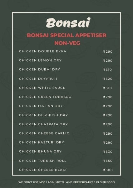 Menu of Bonsai The Chinese House, Wagle Estate, Thane West, Thane