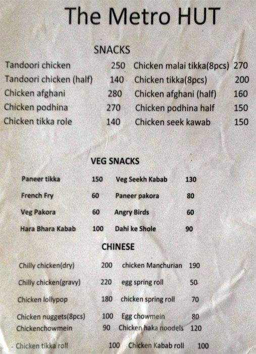 Menu at The Metro Hut, Jaipur, 10-11