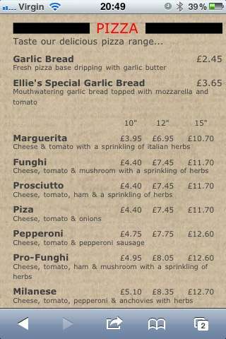 Ellies Pizzeria menu