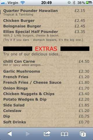 Ellies Pizzeria menu