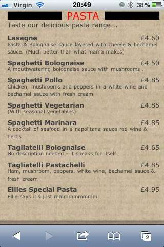 Ellies Pizzeria menu