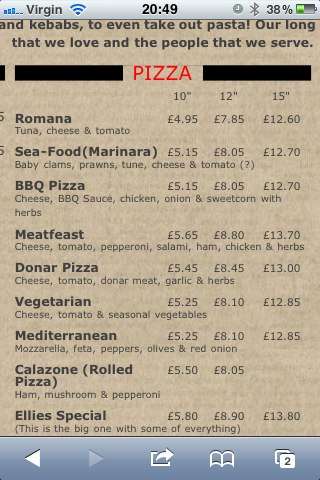Ellies Pizzeria menu