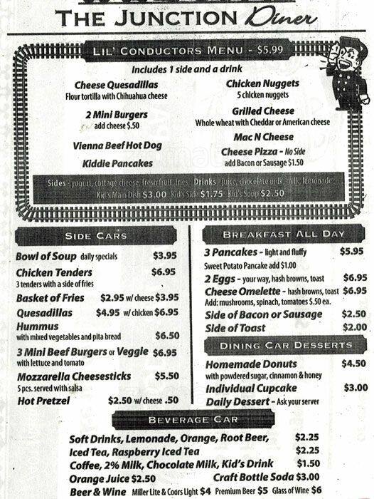 Menu at The Junction Diner The Train Restaurant, Forest Park