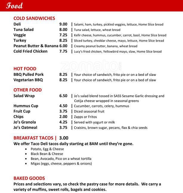 Jo's Menu, Menu for Jo's, Downtown, Austin Urbanspoon/Zomato