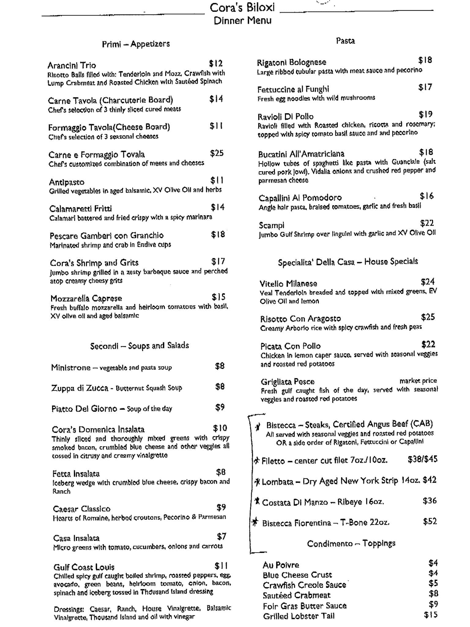 Menu at The White House Hotel pub & bar, Biloxi