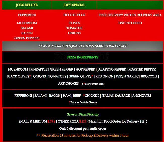 Menu at Joes Pizza and Pasta House pizzeria, Brampton