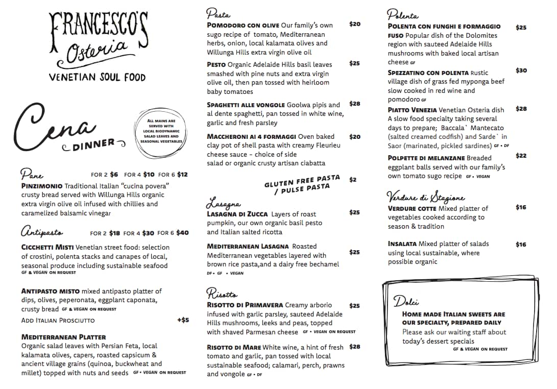 Menu at Francesco's Osteria restaurant, Torrensville