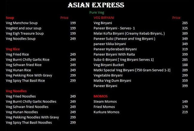 Menu of Asian Express, Goregaon West, Mumbai