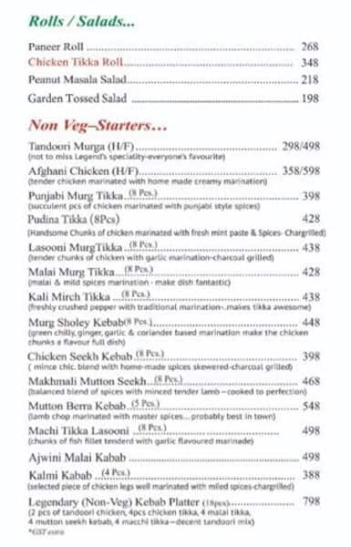 Legend's menu