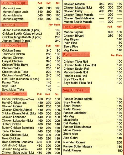 Al Quresh Menu, Menu for Al Quresh, Moti Bagh, New Delhi - Zomato