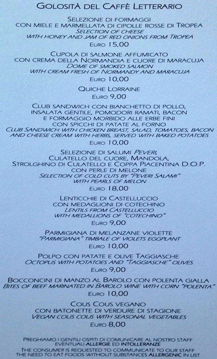 Menu di Caffè Letterario 