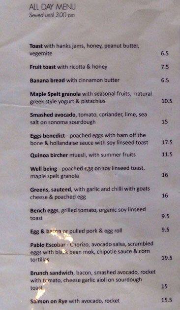 Bench Menu Menu For Bench Manly Sydney