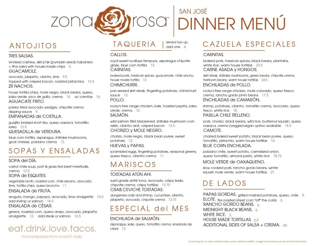 Menu at Zona Rosa restaurant, Los Gatos