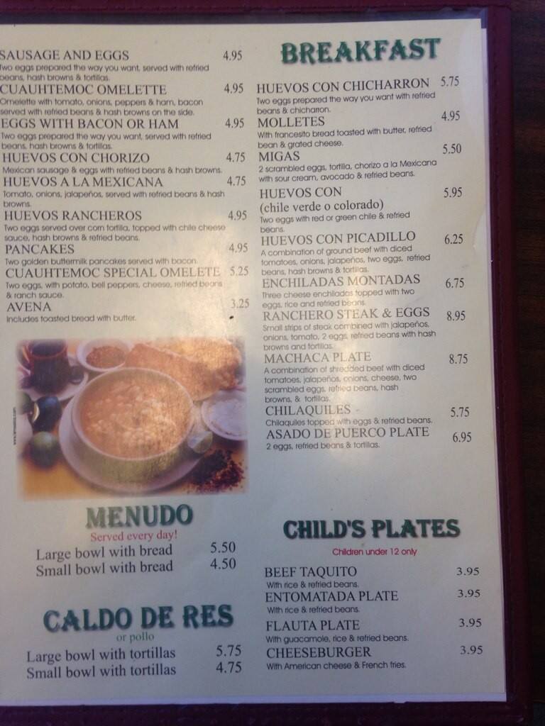 Menu At Cuauhtemoc Cafe, El Paso