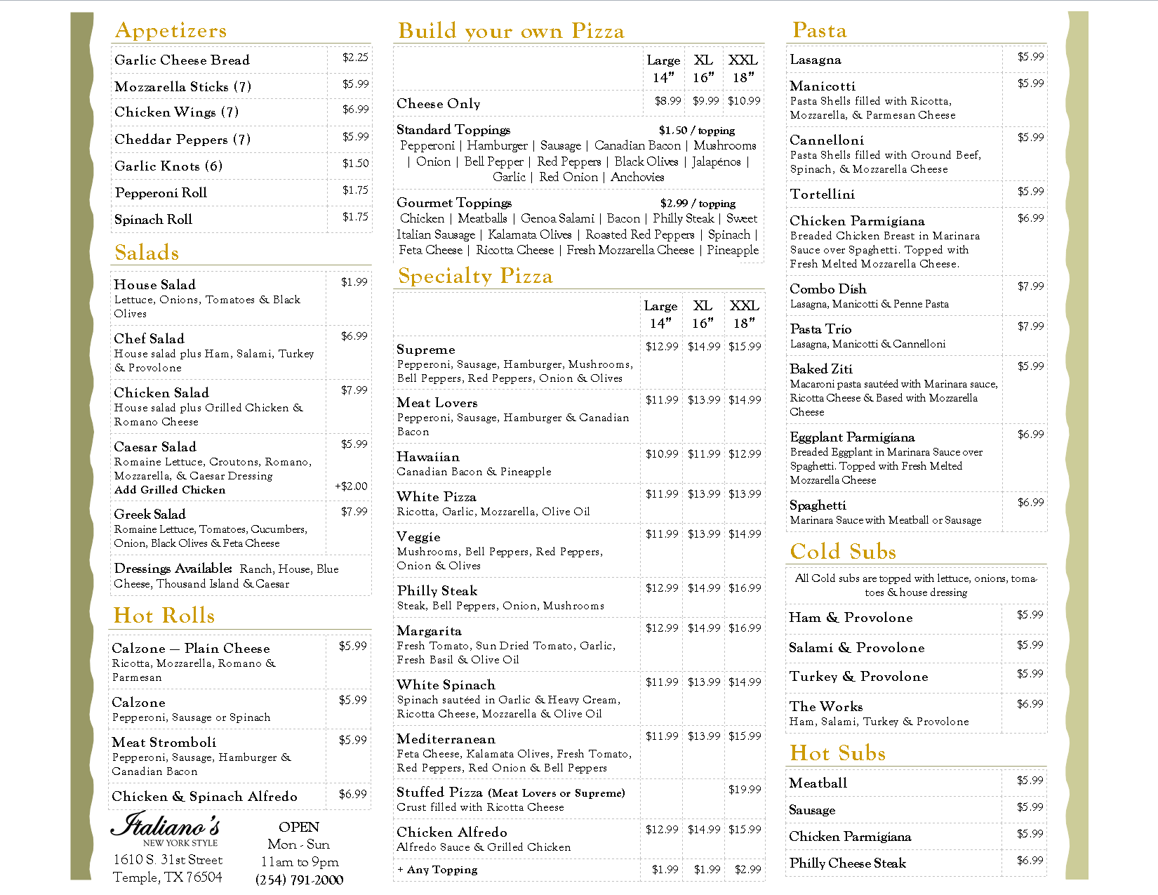 Menu at Italiano's Pizza, Pasta, & Subs pizzeria, Temple