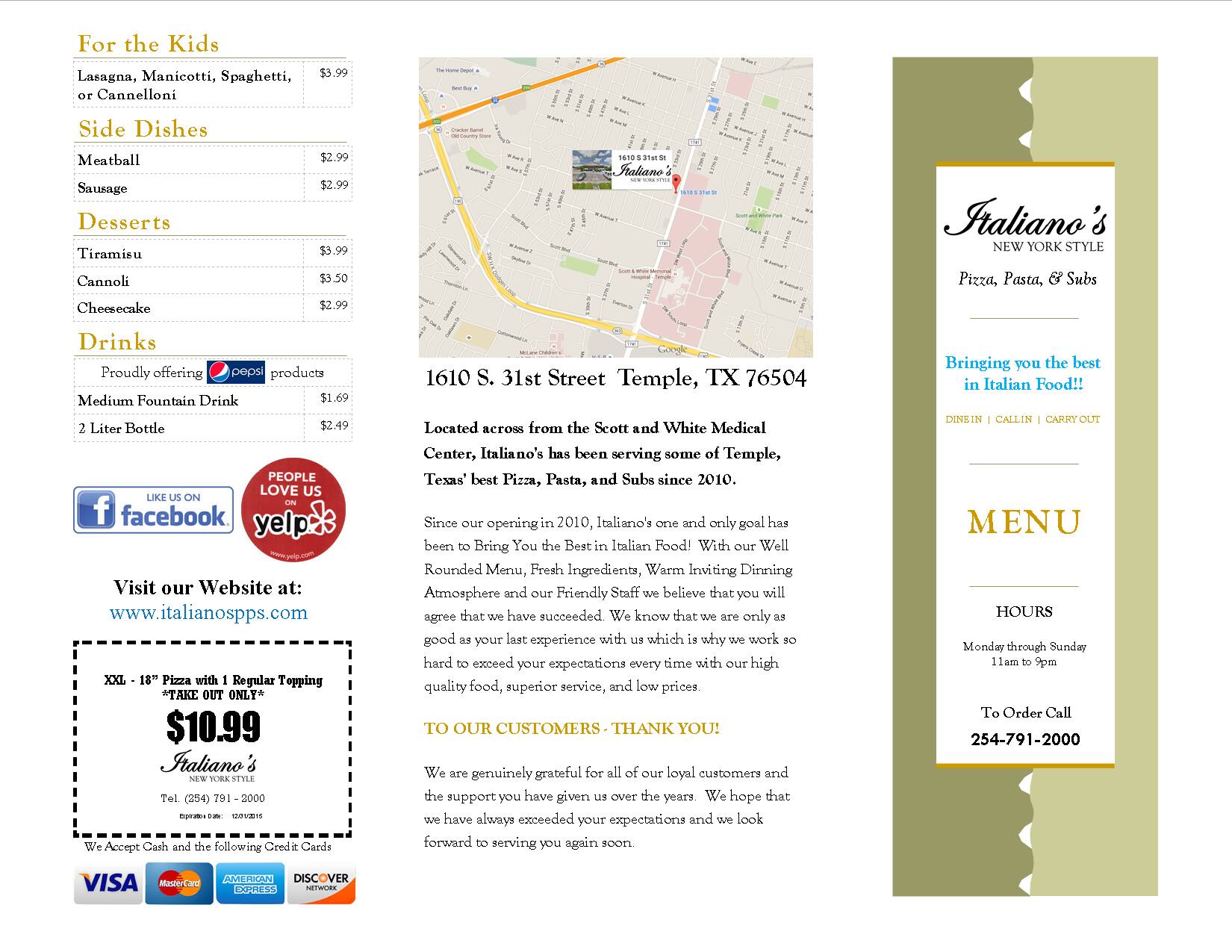 Menu at Italiano's Pizza, Pasta, & Subs pizzeria, Temple