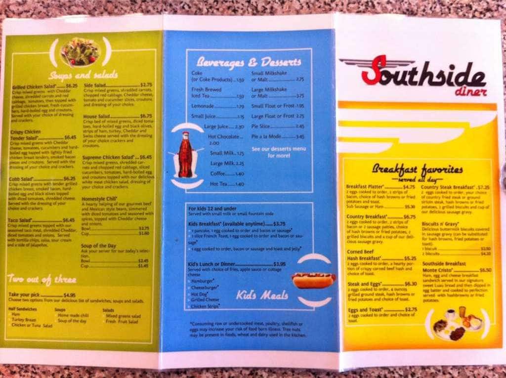 Menu at Southside Diner restaurant, Lafayette