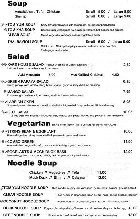 Menu at Kare Thai restaurant, West New York