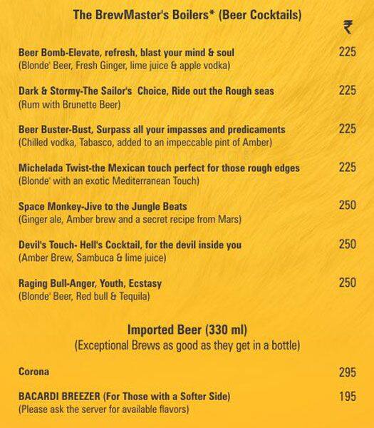The BrewMaster Menu, Menu for The BrewMaster, Phase 5, Mohali Zomato