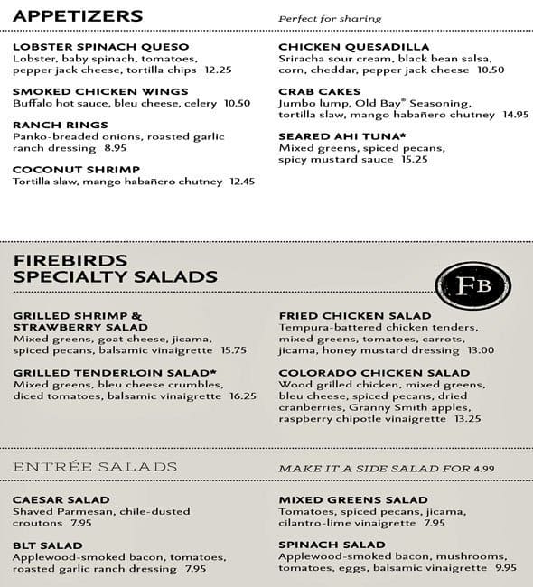 Firebirds Wood Fired Grill a Charlotte Foto del Menu con Prezzi