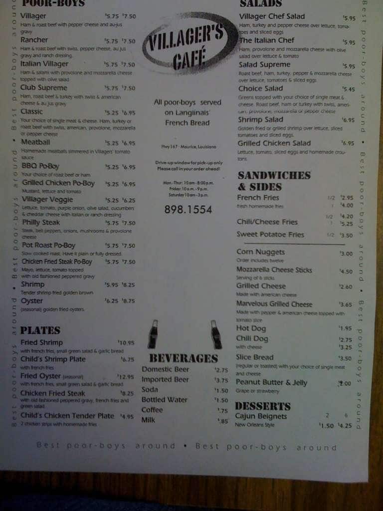 Menu at Villager's Cafe, Maurice
