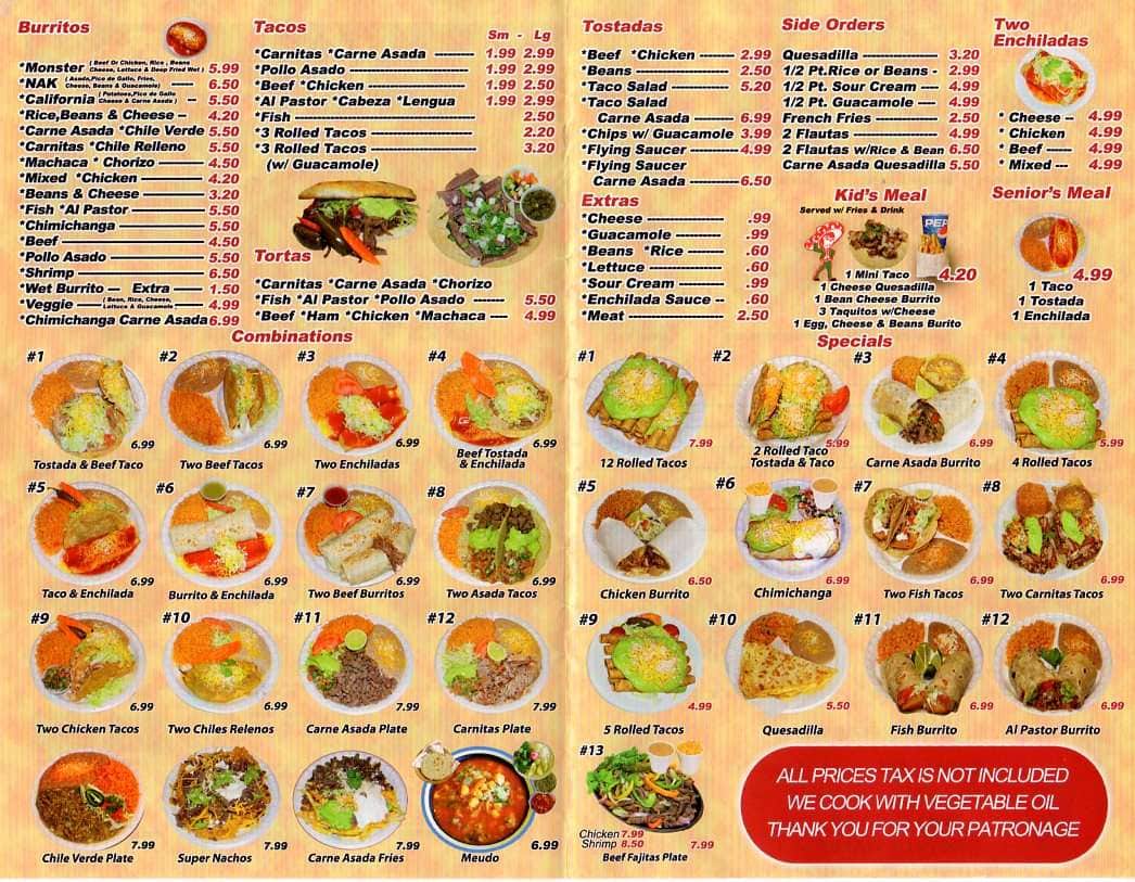 Menu at Los Jilberto's restaurant, Riverside