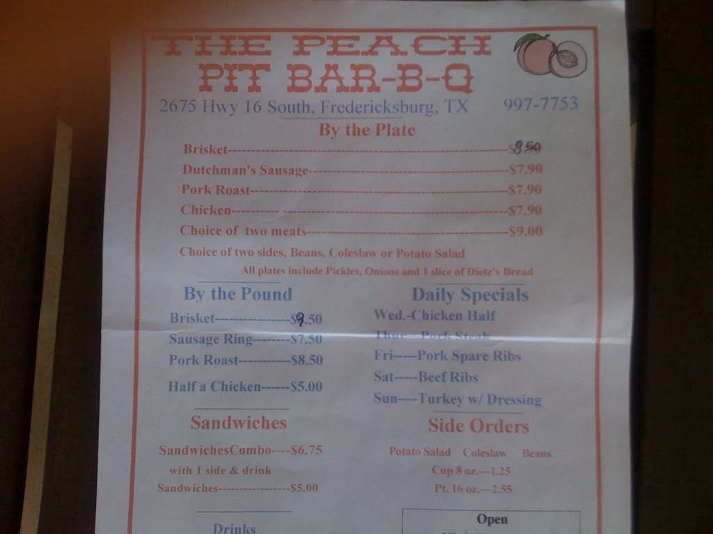 Peach Pit BBQ Menu, Menu for Peach Pit BBQ, Fredericksburg