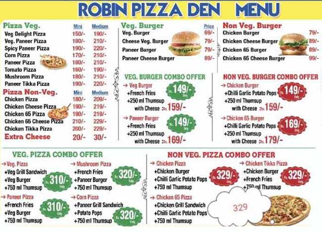 Robin Pizza Den menu
