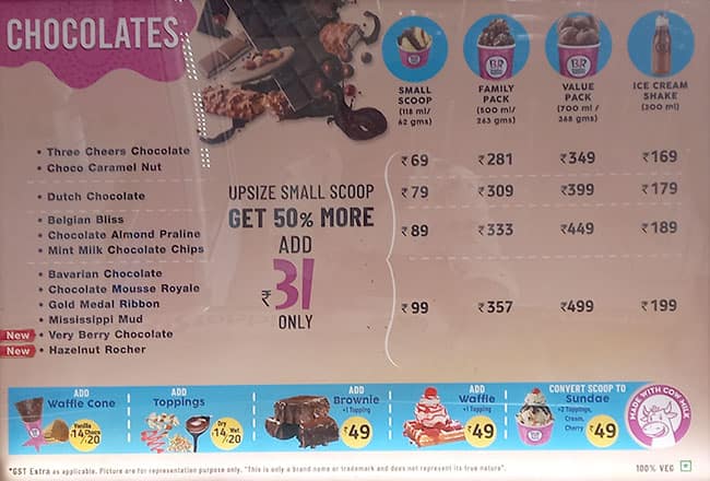 Menu at Baskin Robbins, Mormugao