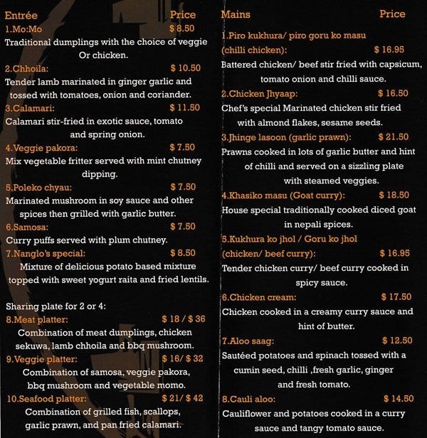 Nanglos Cafe Menu, Menu for Nanglos Cafe, Southern River, Perth
